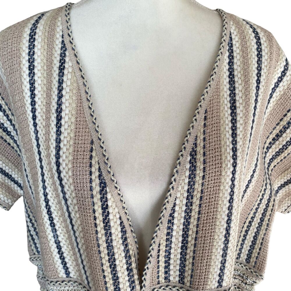 CHICO'S Tan Blue Striped BoHo Tassel Tie-Front Woven Knit Cardigan Size 3/L